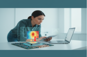 Microchips with lightning, arrow, and heatmap showing power and IR drop