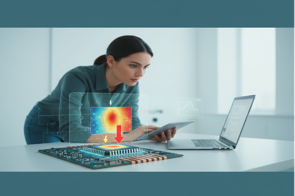 Microchips with lightning, arrow, and heatmap showing power and IR drop