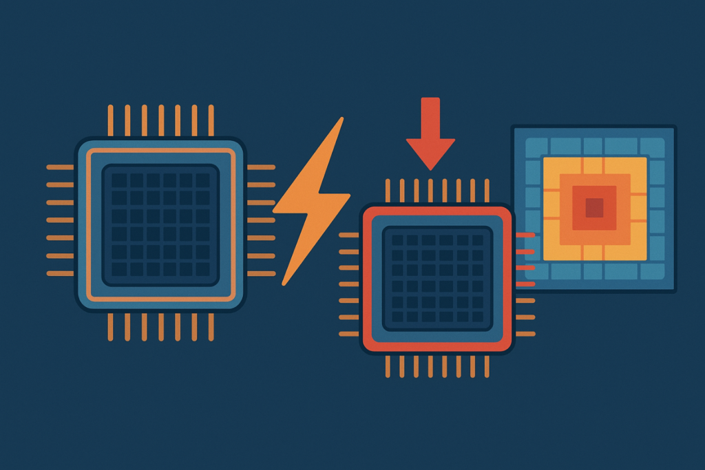 Two microchips with lightning, arrow, and heatmap illustrating IR drop