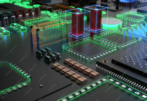 A 3D render of an illuminated computer circuit board.