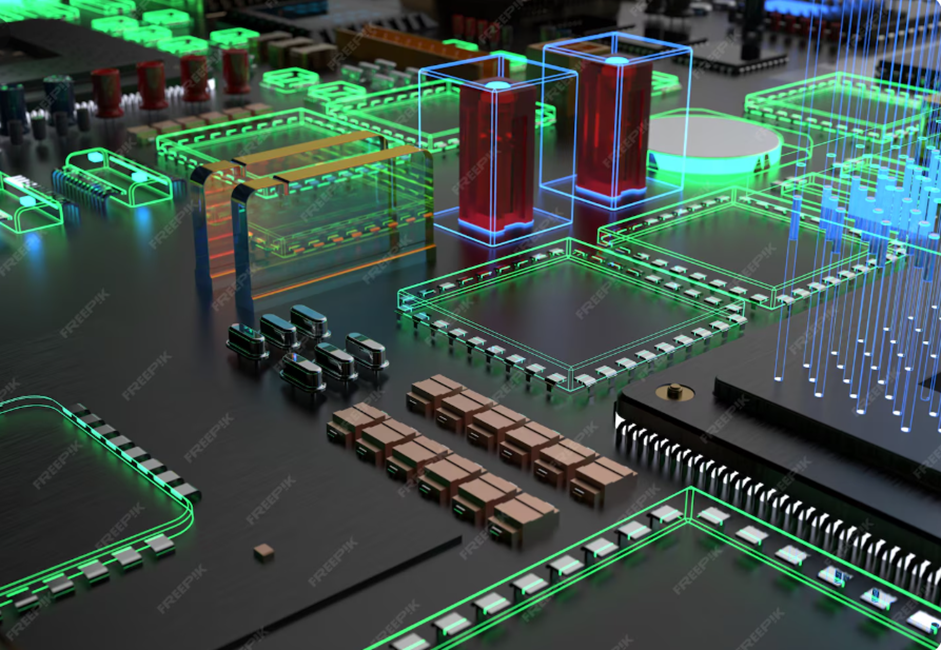 A 3D render of an illuminated computer circuit board.