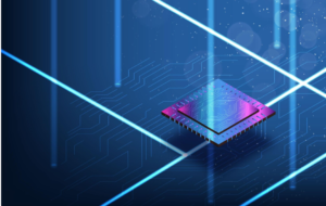A futuristic computer chip on a circuit board background.