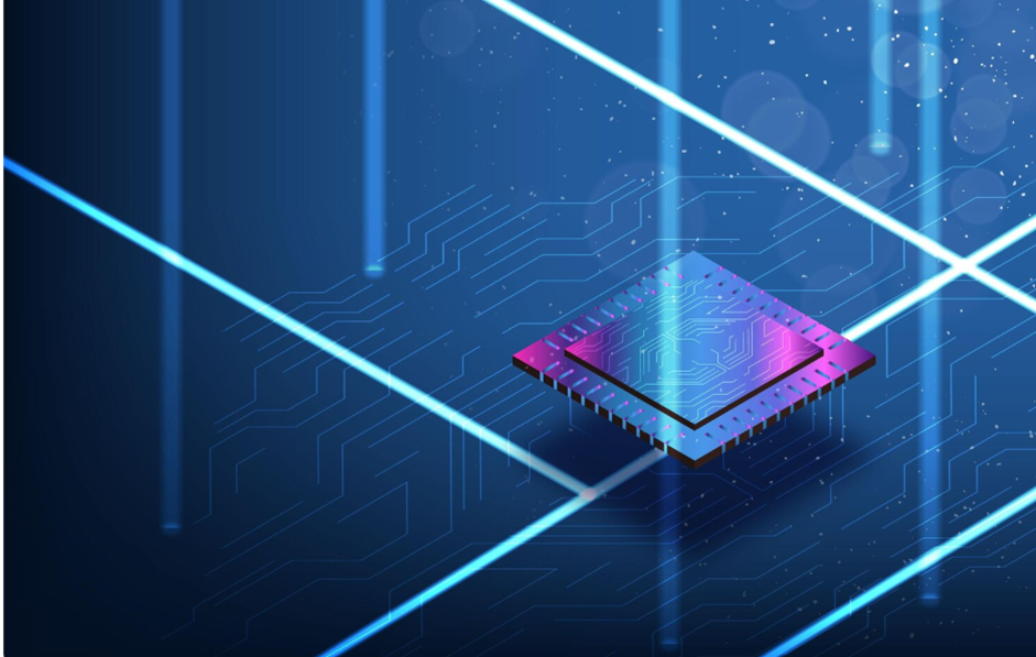 A futuristic computer chip on a circuit board background.