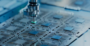 robotic arm engaged in the automated manufacturing of semiconductor chips