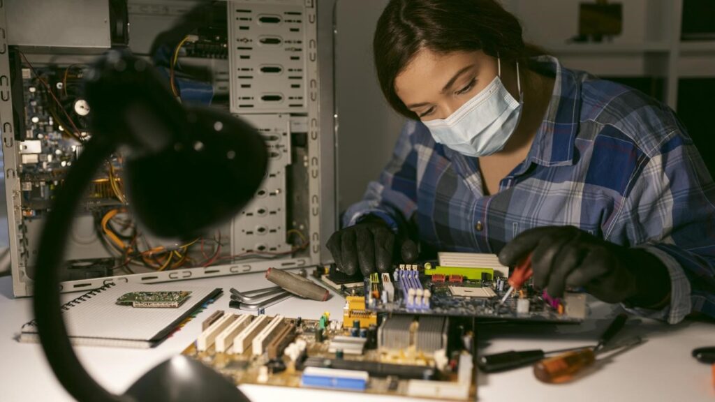 Girl engineer working on semiconductor electronics project in Bangalore lab