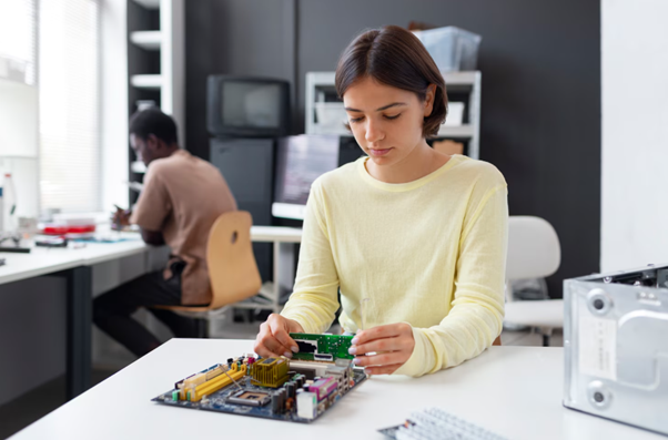 Woman installs RAM into a computer motherboard