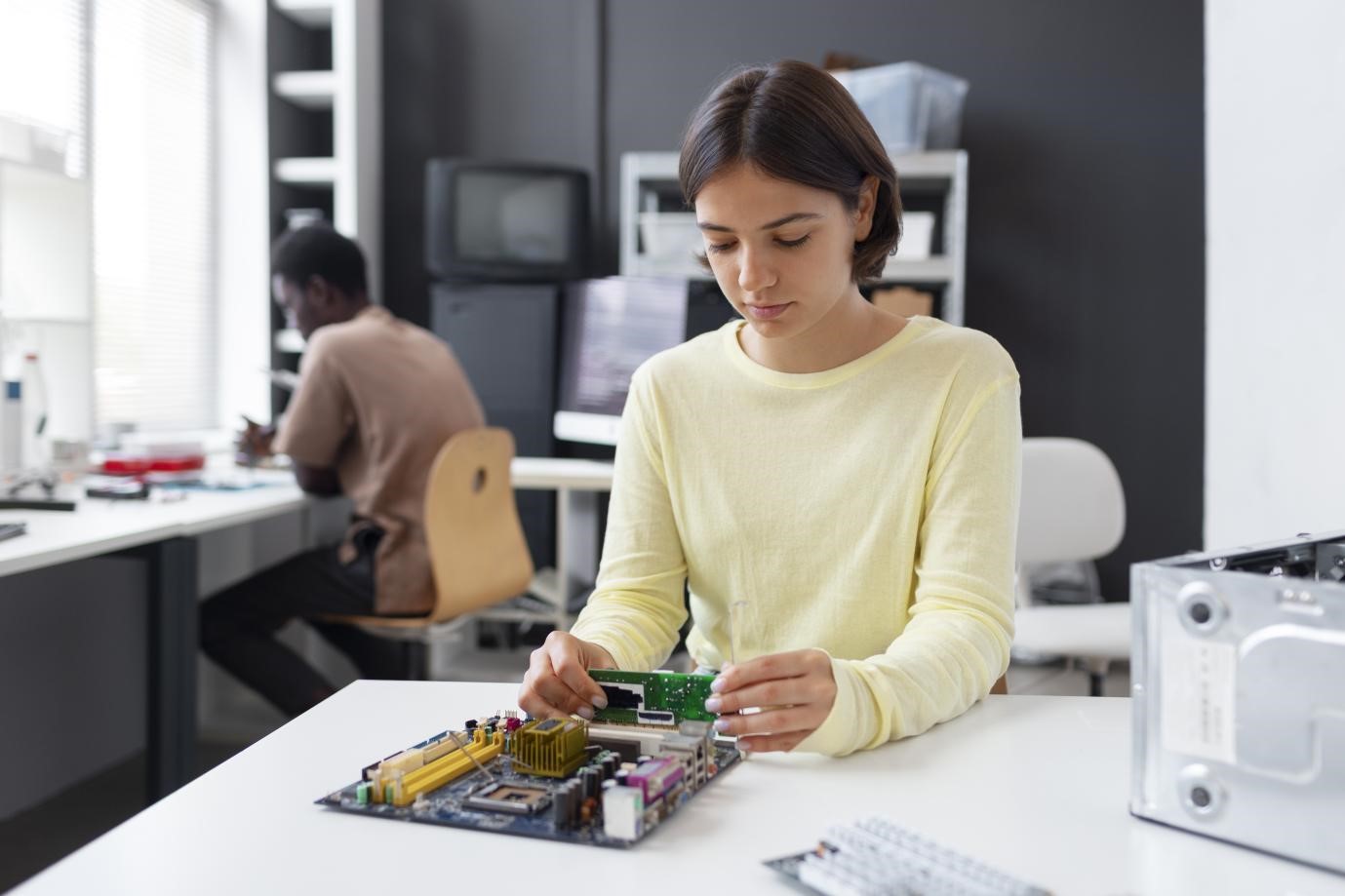 Woman engineer assembling components at semiconductor company.