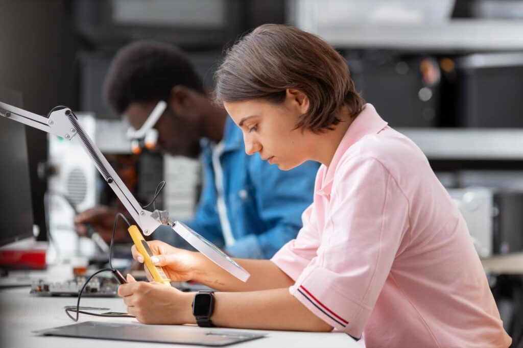 VLSI student practicing physical design with electronic components