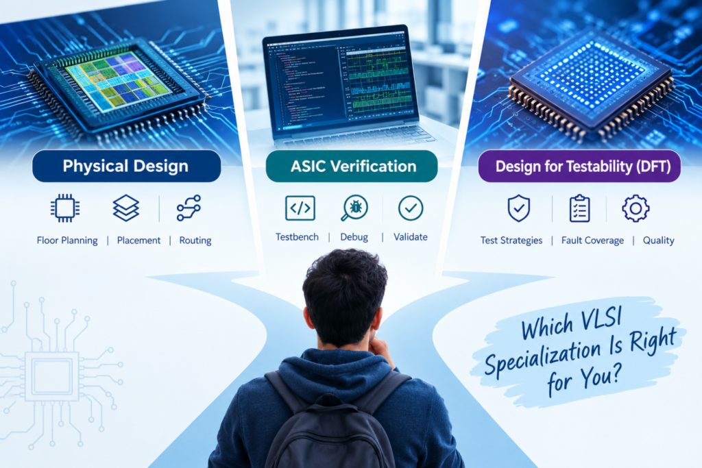 VLSI career paths comparing Physical Design, ASIC Verification, and DFT specializations